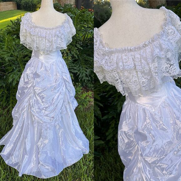 VTG 80’s Jessica McClintock Bridal White Satin Lace Dress-SZ 7  Victorian - Picture 1 of 15